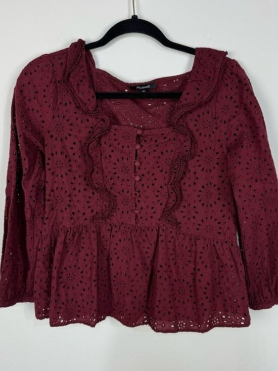 Madewell Tops - Madewell Red Burgundy Laser Cut Eyelet Peplum Button Down top Blouse Boho Office